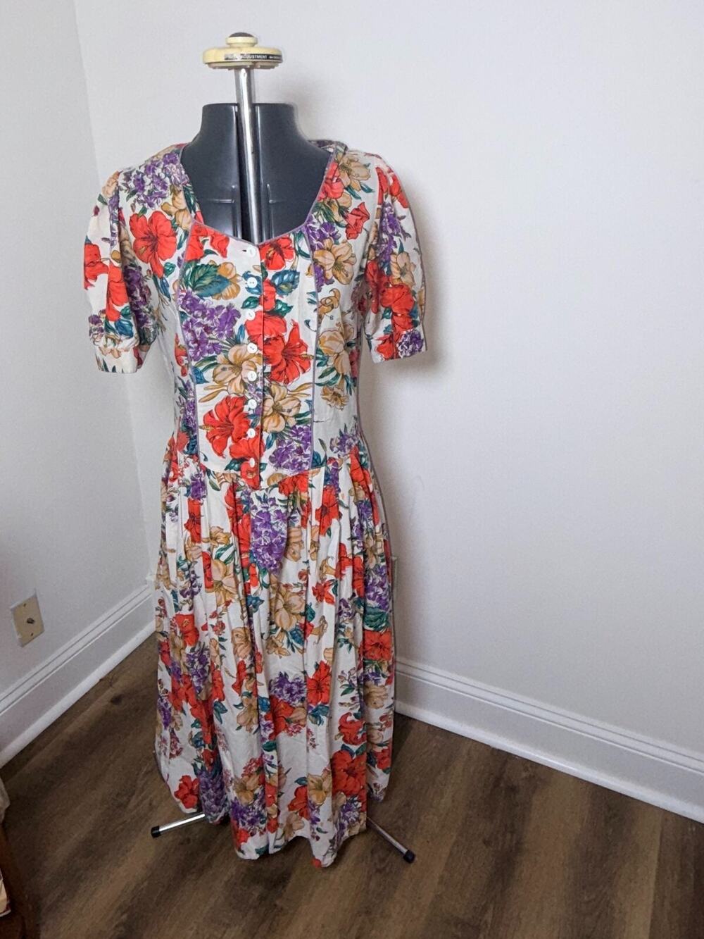 Sarin New York Vintage Floral Cotton Puff Sleeve Drop Waist Dress Womens M